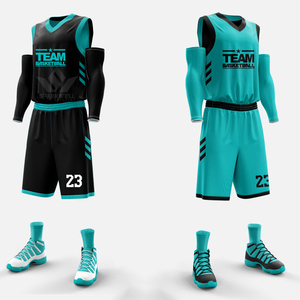 Ensemble d'uniformes de basketball réversibles personnalisés noir et bleu sarcelle, maillot sans manches, short et manchons de compression, tenue d'équipe adulte - Product Image 2