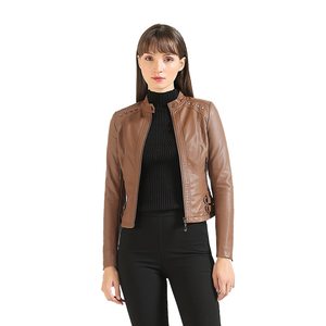 Veste en cuir pour femme, vente en gros, OEM, ODM, marque privée, fermeture éclair unie, coupe ajustée, veste en cuir PU pour femme - Product Image 1
