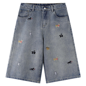 Shorts de Mezclilla Unisex con Estampado de Perro Bordado, Estilo Urbano, Pierna Ancha, Lavados, con Logotipo Personalizado, Venta al Por Mayor OEM B2B - Product Image 4