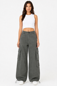 Pantalones Cargo de Mujer de Cintura Alta, Pierna Ancha, Estilo Casual Urbano, Holgados, con Cordón Ajustable en el Bajo, Multibolsillos, Ajuste Holgado - Product Image 4