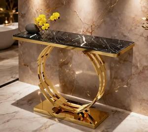 Modern Marble Top <b>Console</b> <b>Table</b> with <b>Gold</b> Metal Pedestal Base Contemporary Entryway Accent Furniture - Product Image 3