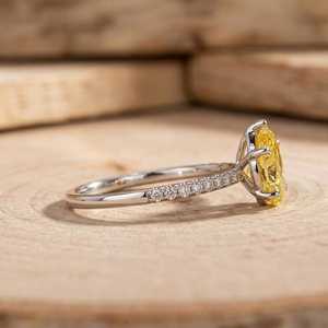 Bague de fiançailles en or massif 10K 14K 18K ou platine avec diamant de laboratoire taille poire jaune et taille ronde, pavé, couleur E, bijoux de mariée - Product Image 3