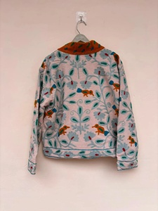 Hand Embroidered Floral Cotton Jacket Mandarin Collar Bohemian Style Women's Spring <b>Coat</b> Full Sleeve Regular Length - Product Image 3