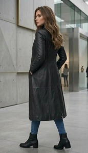 Manteau trench en cuir véritable noir pour femme, boutonné devant, long, style duster - Product Image 2
