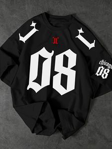 เสื้อยืดลำลองผู้ชายลายกราฟิกสตรีทแวร์ สีดำขาว ตัวเลข '08' ทรงหลวม ไหล่ตก พิมพ์ลายดิจิทัล ระบายอากาศได้ดี เหมาะสำหรับฤดูร้อน - Product Image 2