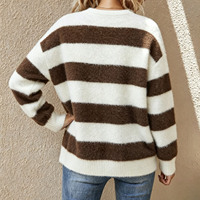 Horizontal gestreifter Kunstpelz-Strickpullover für Damen, Rundhalsausschnitt, lange Ärmel, lockerer Schnitt, überschnittene Schultern, Pullover-Oberteil (anpassbar)