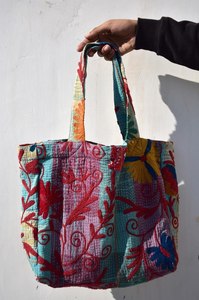 Vintage Suzani Kantha Tote <b>Bag</b> – Handmade Embroidered <b>Boho</b> Shoulder <b>Bag</b>, Recycled Cotton Tribal Handbag - Product Image 4