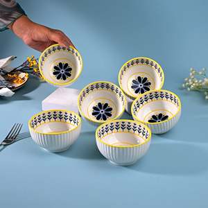Japandi Style Unique Floral Patterned Porcelain Bowls <b>Set</b> of 6 Microwave Oven Safe <b>Clay</b> Material Salad Bowls for Home Decor - Product Image 5