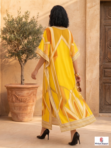 Vestido Kaftán Largo Estampado Amarillo de Rayón para Mujer, Cuello en V, Manga Larga, Hasta la Rodilla, Elegante, Marca HitJem Export Premium - Product Image 4