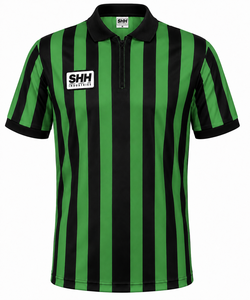 Men Green Black Striped Referee <b>Shirt</b> Half <b>Zip</b> Polo Collar Short Sleeve Professional Football Officials Performance Game Jersey - Product Image 1