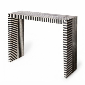 Table basse géométrique noire et blanche en os incrusté, 1 tiroir, faite à la main par un artisan indien, en bois, pour salon, entrée ou comme accent de décoration - Product Image 4