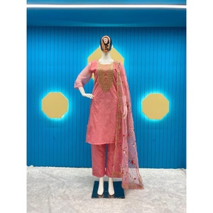 DISEÑADOR ORGANZA SECUENCIA BORDADO TRABAJO TOP BOTTOM CON DUPATTA ROSA - Product Image 1
