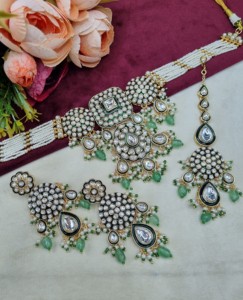 Elegant Kundan Pearl Strand Choker Necklace <b>Set</b> With Earrings And Mangtika Traditional Ethnic Festive Wear <b>Jewellery</b> Collections - Product Image 1