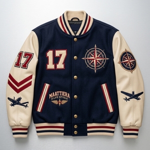 Blouson universitaire homme bleu marine avec manches en cuir crème, motif aviation brodé, fermeture à boutons-pression, style streetwear côtelé personnalisé - Product Image 4