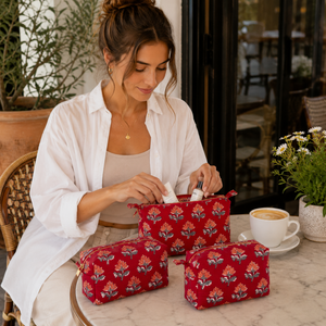 Set de Bolsas de Aseo con Diseño Floral de Jaipur, Organizador de Viaje, Bolsas de Cosméticos, Artesanía India Sostenible para Uso Diario y Regalos - Product Image 5