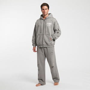 Custom Logo Men Cotton Fleece Tracksuit Set Distressed <b>Full</b> <b>Zip</b> <b>Hoodie</b> Drop Shoulder Relaxed Fit Joggers Pants - Product Image 4
