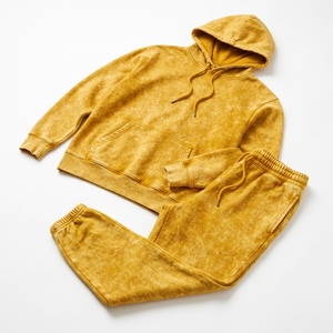 Conjunto Deportivo Unisex con Capucha de Poliéster/Algodón, Sudadera Amarilla con Efecto Lavado Ácido, Pantalones Deportivos de Corte Regular, Estilo Casual y Deportivo para Otoño - Product Image 4