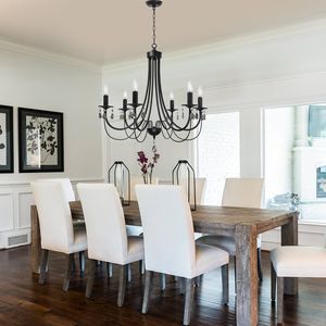 Lampadario a 6 Luci Stile Fattoria per Sala da Pranzo, Nero/Nichel Spazzolato, Lampada a Sospensione Francese Stile Secolare - Product Image 4