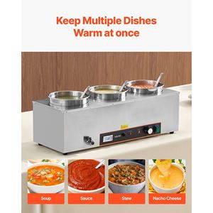 Calentador de Sopa Eléctrico Comercial Bain Marie de 1500W, Tres Ollas de Acero Inoxidable de 6.34QT, 86~185, Equipo de Servicio para Restaurantes y Hoteles - Product Image 2