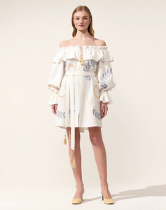 Vestido Mini de Algodón Blanco para Mujer, Hombros Descubiertos, Estampado Floral, Manga Larga, Cintura Ajustable, Estilo Boho - Product Image 1