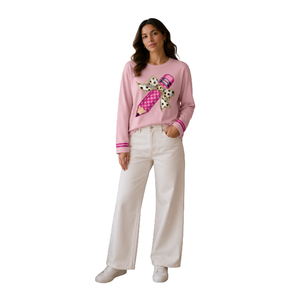 Wholesale Pink Full Sleeve Crew Neck <b>T</b>-<b>shirt</b> with <b>Sequined</b> Bow Pencil Loose Fit Cotton Casual Spring/Summer for Women's <b>T</b>-<b>shirt</b> - Product Image 1