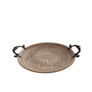 Bandeja de Servir Marroquí Hecha a Mano de Madera con Asas de Metal, Diseño Floral Mandala Blanco Vintage, Centro de Mesa Decorativo para el Hogar - Product Image 1
