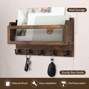 Porta Llaves y Correo Decorativo para Pared, Organizador de Llaves de Madera de 11 Pulgadas con 5 Ganchos, Estante de Almacenamiento para Montar en la Pared, Color Marrón - Product Image 3