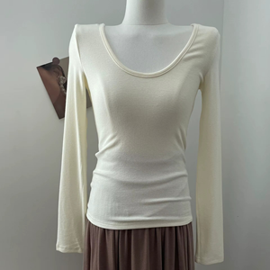 เสื้อยืดผู้หญิงแขนยาวคอวีเปลือยหลังเสื้อถักด้านในสีพื้น - Product Image 6