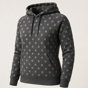 Sudadera con Capucha Personalizada para Mujer, Color Gris Carbón, Estilo Atlético Regular, con Puntos de Color en Tono Medio, Tejido Denso de Algodón y Poliéster - Product Image 3