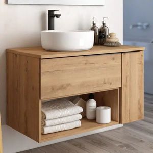Minimalist Teak Wood Floating <b>Vanity</b> with Open Towel Storage Shelf - Product Image 1