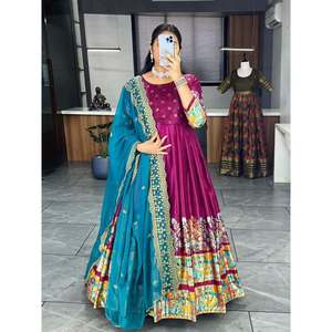 Impression en soie à la mode avec feuille de travail vin Sherwani-lin et viscose Salwar Kameez pour adultes avec Dupatta - Product Image 3