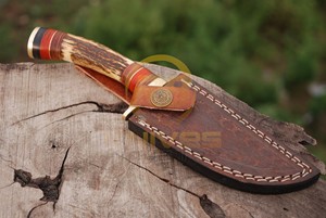 Couteau de chasse en acier Damas, couteau à lame fixe fait main avec manche en bois de cerf, étui en cuir, couteau de survie pour le camping - Product Image 6