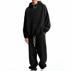Nouvel ensemble de survêtement 2 pièces pour homme, coupe oversize, en tissu épais, effet délavé vintage, comprenant un sweat à capuche et un pantalon de jogging, style streetwear, avec logo personnalisé - Product Image 1