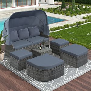 Ensemble de mobilier de jardin en osier avec canapé, lit de repos et auvent rétractable pour conversations et détente - Product Image 2