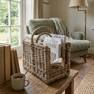 new modern minimalist wholesale rattan woven magazine holder rustic <b>wicker</b> storage basket home organizer <b>bins</b> with handles items - Product Image 2