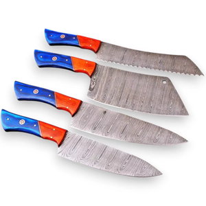 Juego de Cuchillos de Chef de Acero de Damasco Forjado a Mano, Cuchillos de Cocina Profesionales Hechos a Mano, Juego de Cuatro Piezas, Mango de Madera Pakka Ambidiestro - Product Image 1
