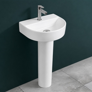 Lavabo de Pedestal Mark Set, Forma Irregular, Grifo de un Solo Orificio, Diseño Minimalista, Acabado Cromado, Lavabo de Baño Montado en el Suelo - Product Image 3