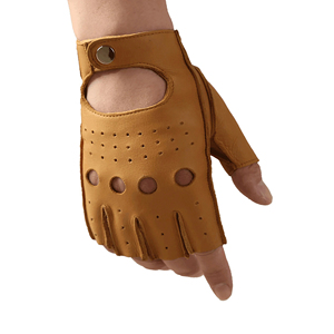 Gants de conduite en cuir camel marron à demi-doigts, unisexes, respirants, avec sangle de poignet réglable pour la conduite quotidienne - Product Image 2
