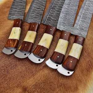 Damascus Steel Knife Set 5-Piece Wood Handle Chef Knives Polished Blade Straight Edge Ambidextrous Kitchen Cutlery - Product Image 3