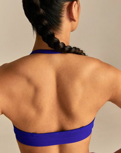 High Class Women's Seamless V-Neck Halter Sports <b>Bra</b> Medium Support Solid <b>Blue</b> Yoga Activewear Top Breathable Stretch Fit - Product Image 3