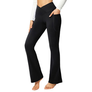 Women's High Waist Flare Pants Full Length Solid Color Breathable Knitted Casual Pants With Pockets Spandex Cotton Mix - Product Image 6