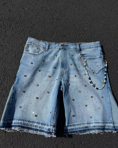 Pantalones cortos de mezclilla holgados de cintura media para hombre, personalizados, de alta calidad, 100% algodón, con parches desgastados, estilo urbano, con cinturón y pedrería. - Product Image 2