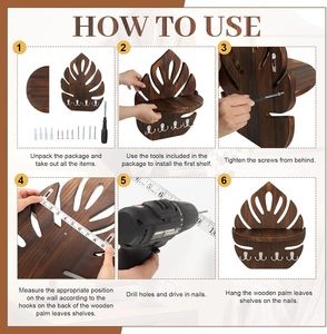 Juego de 2 estantes de pared con forma de hoja de Monstera con soporte para llaves, 15.8 x 12.4 pulgadas, estantes flotantes de madera rústica, decoración de pared tropical estilo boho. - Product Image 3