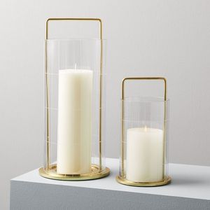 Modern Glass Lantern with Gold Frame and Handle for Candle Lighting Decorative Home Accent Holder for Living Room or Dining - Product Image 1