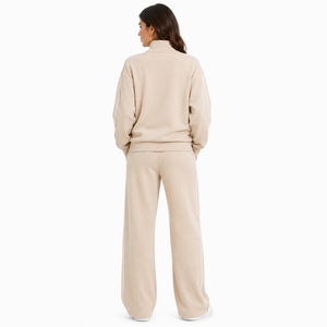Ensemble de survêtement personnalisé pour femme : Pull zippé à quart de tour et pantalon à jambe large avec passepoil contrastant, en molleton doux, style athleisure décontracté, marque privée - Product Image 2