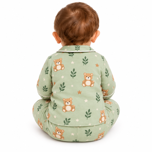 Ensemble pyjama ours en peluche vert sauge pour bébé, imprimé feuilles et étoiles, chemise à manches longues boutonnée et pantalon, tenue de nuit pour nourrisson et tout-petit, hiver - Product Image 6