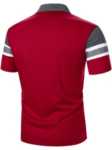 Polo à manches courtes en tricot rayé rouge et gris pour homme, style décontracté, design color block, faible MOQ, polos pour homme - Product Image 3