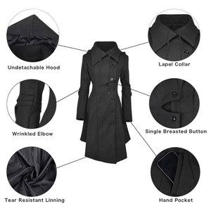 Abrigo largo tipo gabardina para mujer - Abrigo de lana de invierno con solapa gótica, abrigo grueso con capucha OEM ODM - Product Image 6
