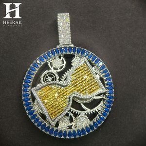 Custom Hip Hop Jewellery Iced Out Spinning Watch Gear Pendant <b>Blue</b> Halo Yellow Center Round Medallion Charm <b>Necklace</b> for Men - Product Image 3