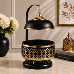Plat de service de luxe au design géométrique, avec une élégante finition noire mate, un magnifique motif texturé doré, bol de table haut de gamme - Product Image 2